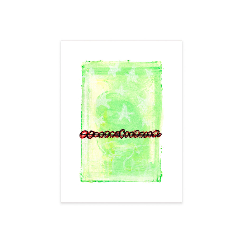 Flat lay view of original lime green post-graffiti abstract painting by infamous underground artist Christopher Reilly on white heavyweight watercolor paper.