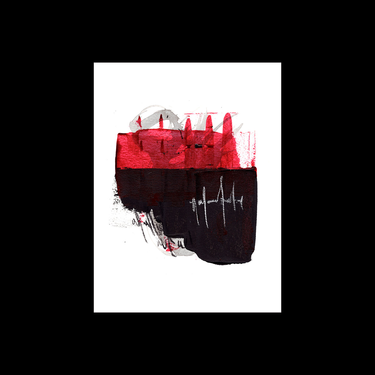 An original 9x12 inch contemporary abstract mixed-media painting titled Painting 032 by prolific Canadian artist Christopher Reilly. The artwork features a bold upper field of textured crimson red acrylic paint sitting on top of a heavy, square block of deep black ink, accented with white frequency-like sgraffito lines in the center. Laid flat and displayed on a solid black background.