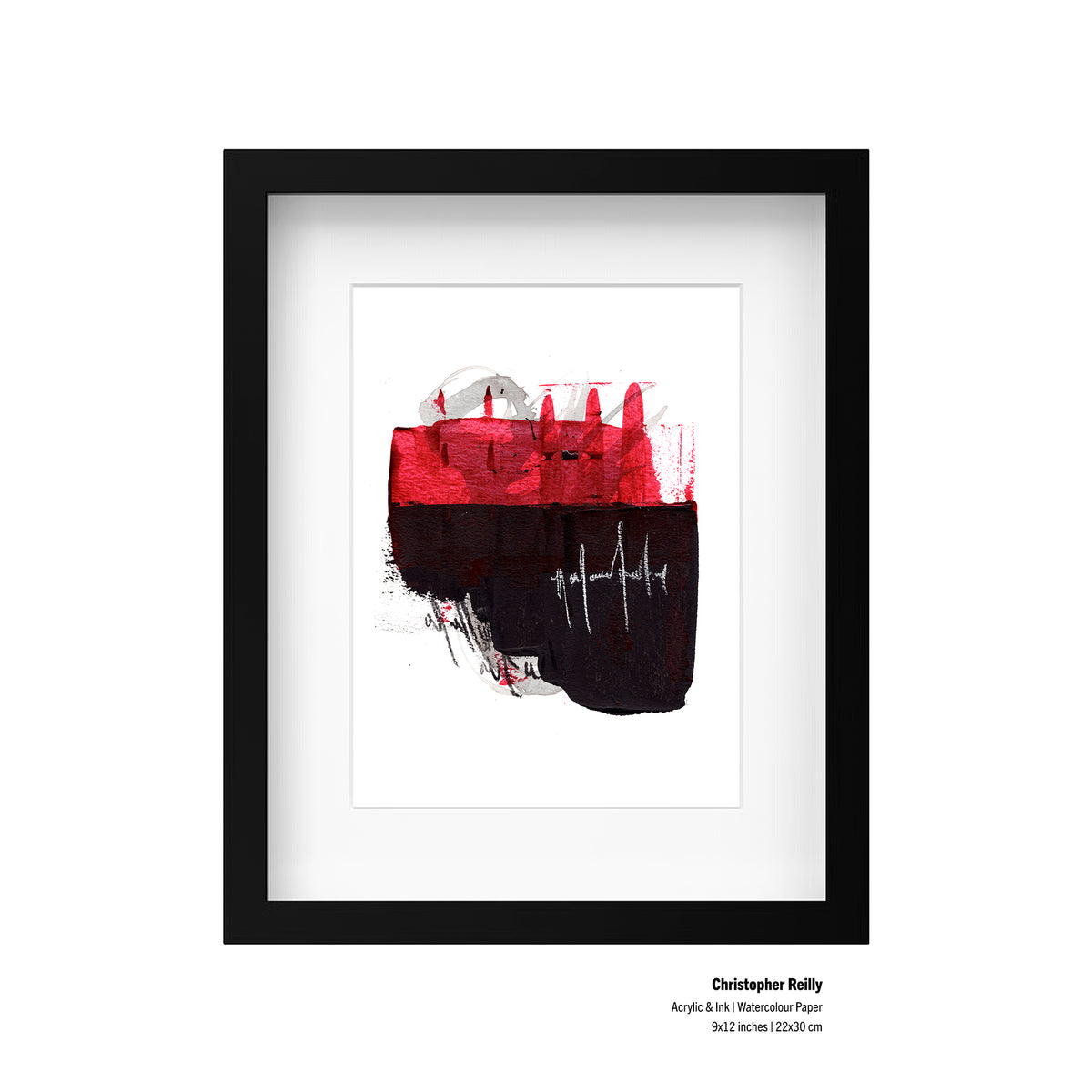 A mockup displaying Christopher Reilly's original 9x12 mixed-media abstract painting, Painting 032, beautifully styled inside a modern black frame with a wide white mat board to highlight the high-contrast red and black composition.
