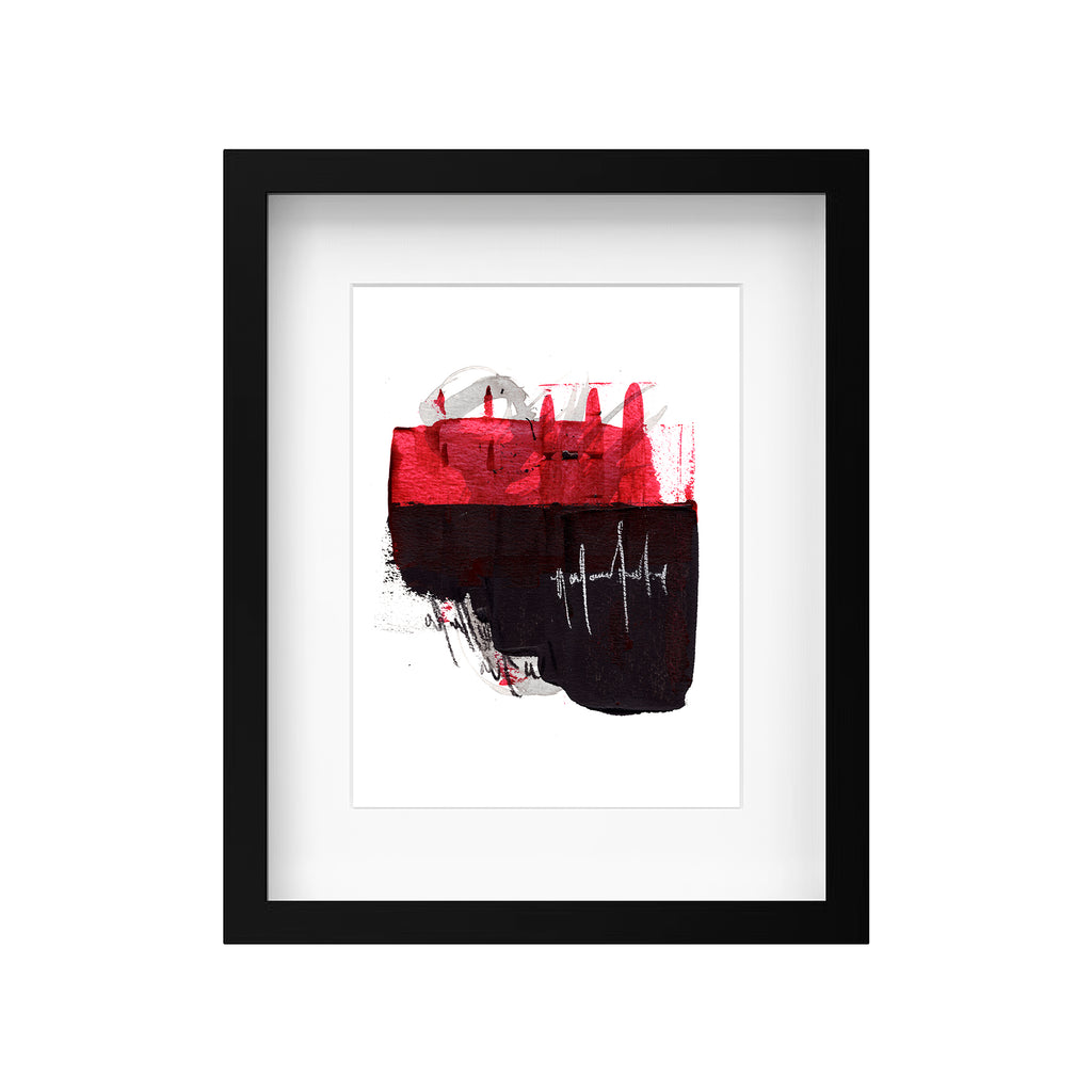 Framed abstract art print featuring a red and black textured block with white paint splatters and a white heartbeat line, set in a black frame with a white mat.