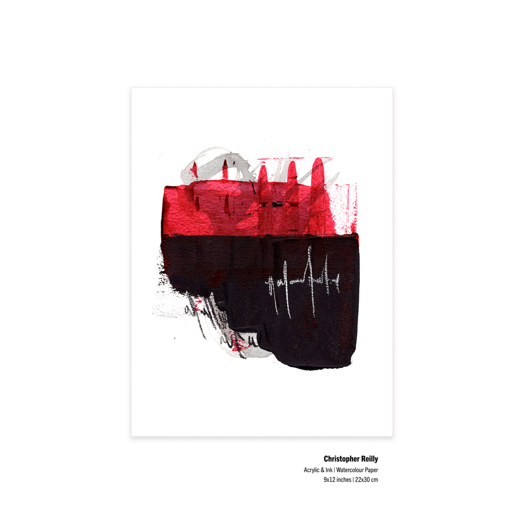 An original 9x12 inch contemporary abstract mixed-media painting titled Painting 032 by Canadian artist Christopher Reilly. The artwork features a bold upper field of textured crimson red acrylic paint sitting on top of a heavy, square block of deep black ink, accented with white frequency-like sgraffito lines in the center.