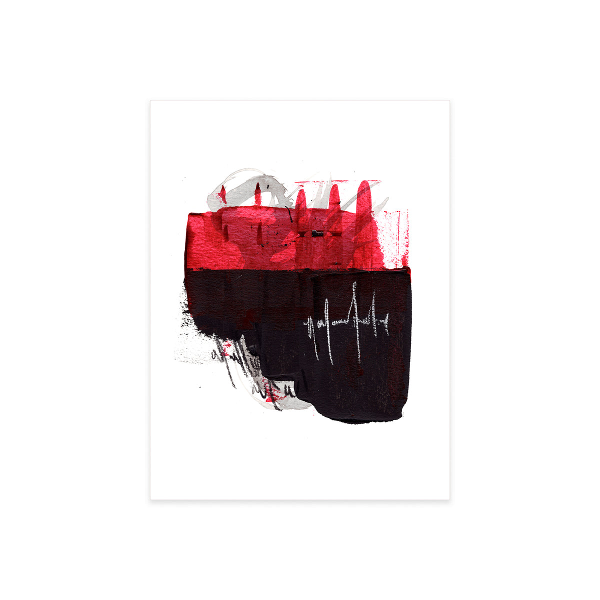 An original 9x12 inch contemporary abstract mixed-media painting titled Painting 032 by Christopher Reilly. The artwork features a bold upper field of textured crimson red acrylic paint sitting on top of a heavy, square block of deep black ink, accented with white frequency-like sgraffito lines in the center.