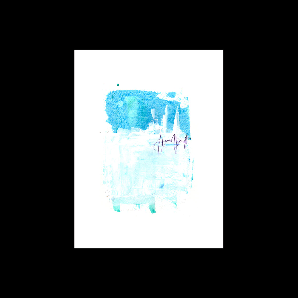 An original 9x12 inch contemporary abstract mixed-media painting titled Painting 033 by infamous underground artist Christopher Reilly. The artwork displays a textured upper field of bright cerulean and turquoise blue acrylic paint with white skyline silhouettes, layered over a soft light-blue background and accented by a fluid horizontal scribble of dark purple ink across the center. Displayed flat against a solid white background.