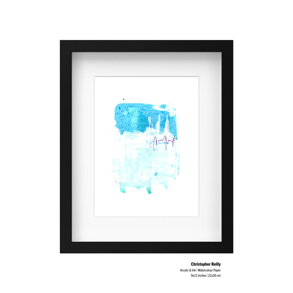 A mockup showing St. Catharines Ontario artist Christopher Reilly's original 9x12 blue and white abstract painting, Painting 033, displayed inside a sleek black frame with a clean white mat board against a bright background.
