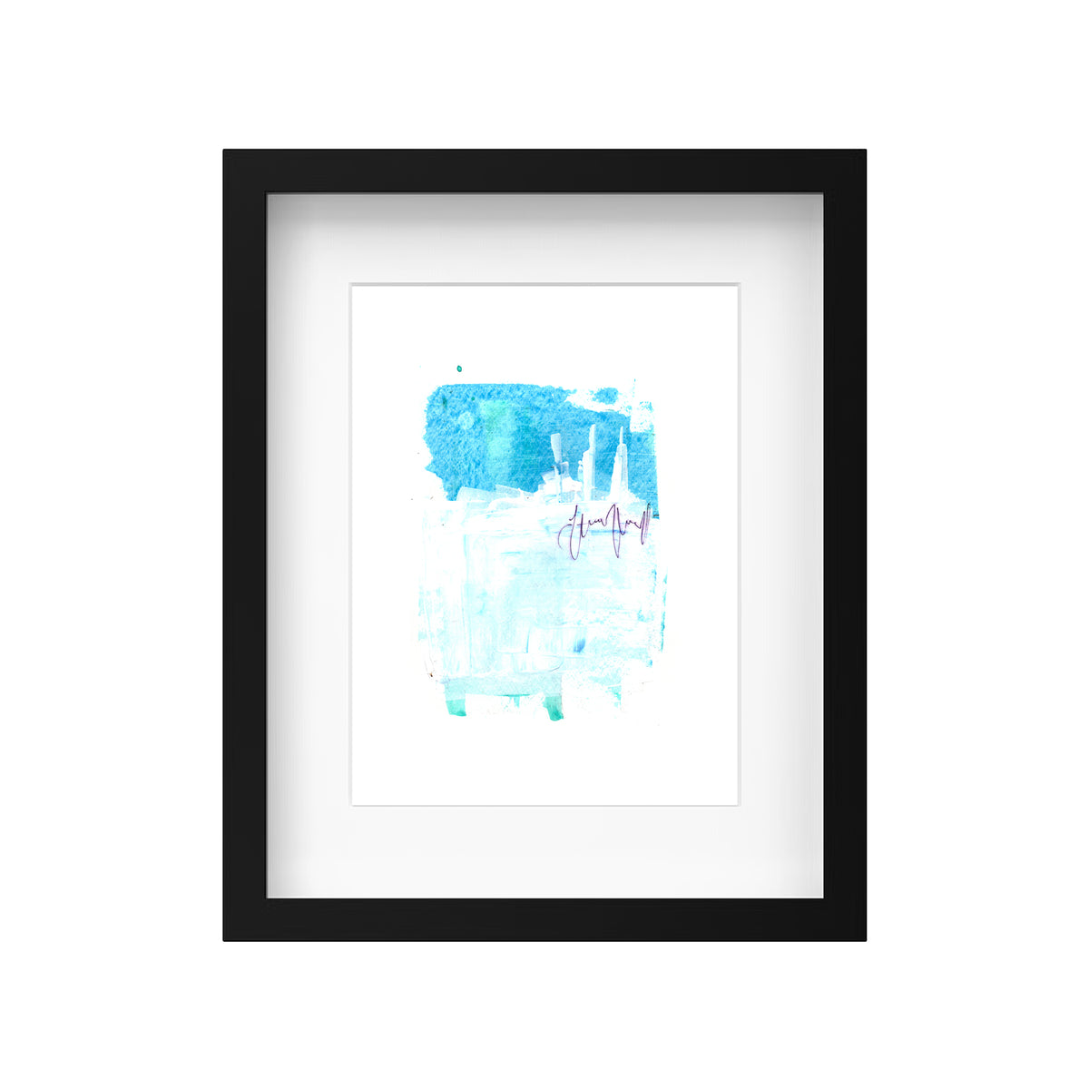 A mockup showing Christopher Reilly's original 9x12 blue and white abstract painting, Painting 033, displayed inside a sleek black frame with a clean white mat board against a bright white background.