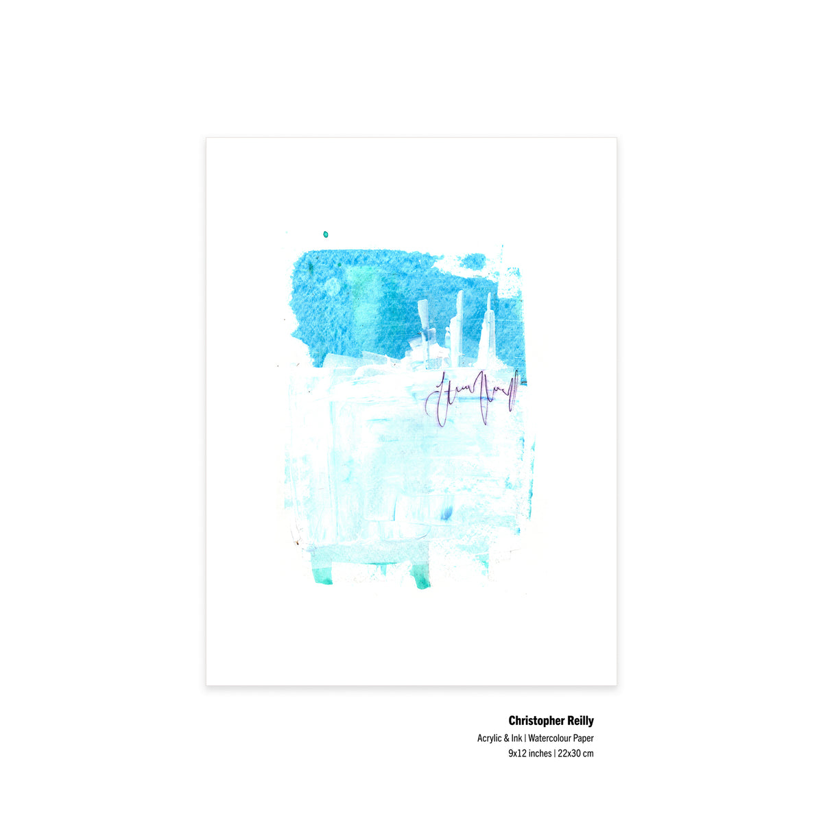 An original 9x12 inch contemporary abstract mixed-media painting titled Painting 033 by Canadian artist Christopher Reilly. The artwork displays a textured upper field of bright cerulean and turquoise blue acrylic paint with white skyline silhouettes, layered over a soft light-blue background and accented by a fluid horizontal scribble of dark purple ink across the center.