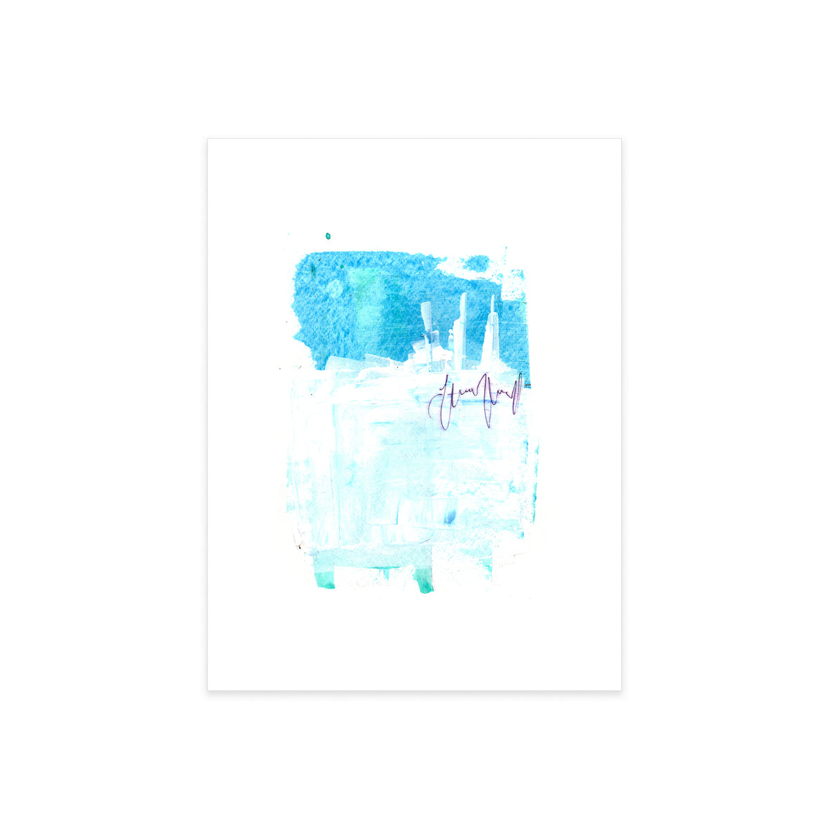 An original 9x12 inch contemporary abstract mixed-media painting titled Painting 033 by Christopher Reilly. The artwork displays a textured upper field of bright cerulean and turquoise blue acrylic paint with white skyline silhouettes, layered over a soft light-blue background and accented by a fluid horizontal scribble of dark purple ink across the center.