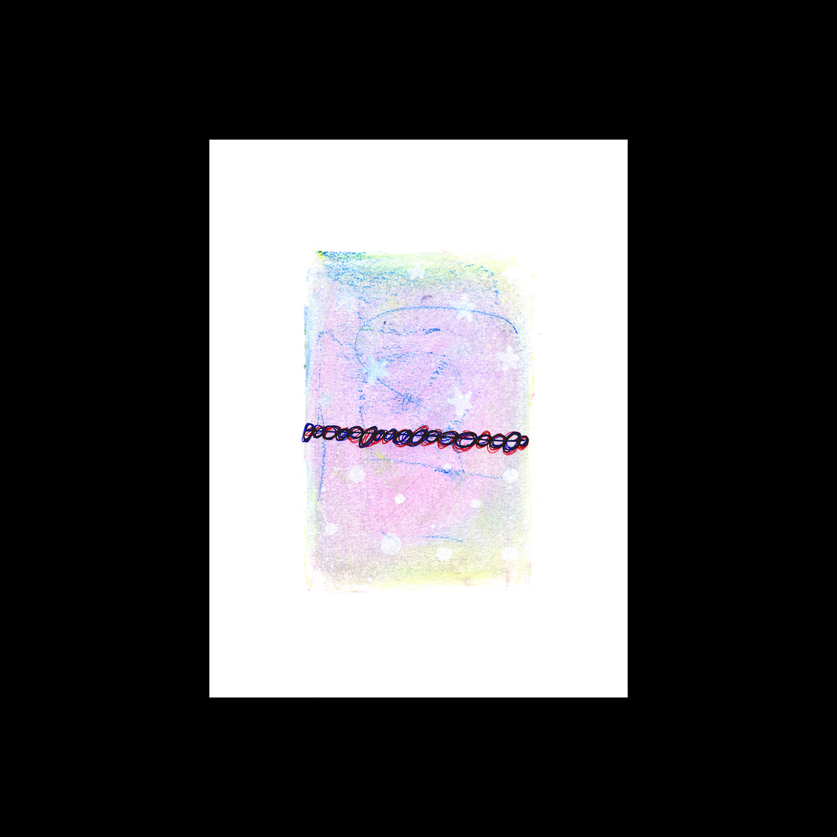 An original 9x12-inch contemporary abstract painting titled Painting 041 by Christopher Reilly, featuring a textured pastel background of pink, purple, and light blue with faint white stars, centered on a stark white sheet with a wide white margin, all set against a black backdrop.