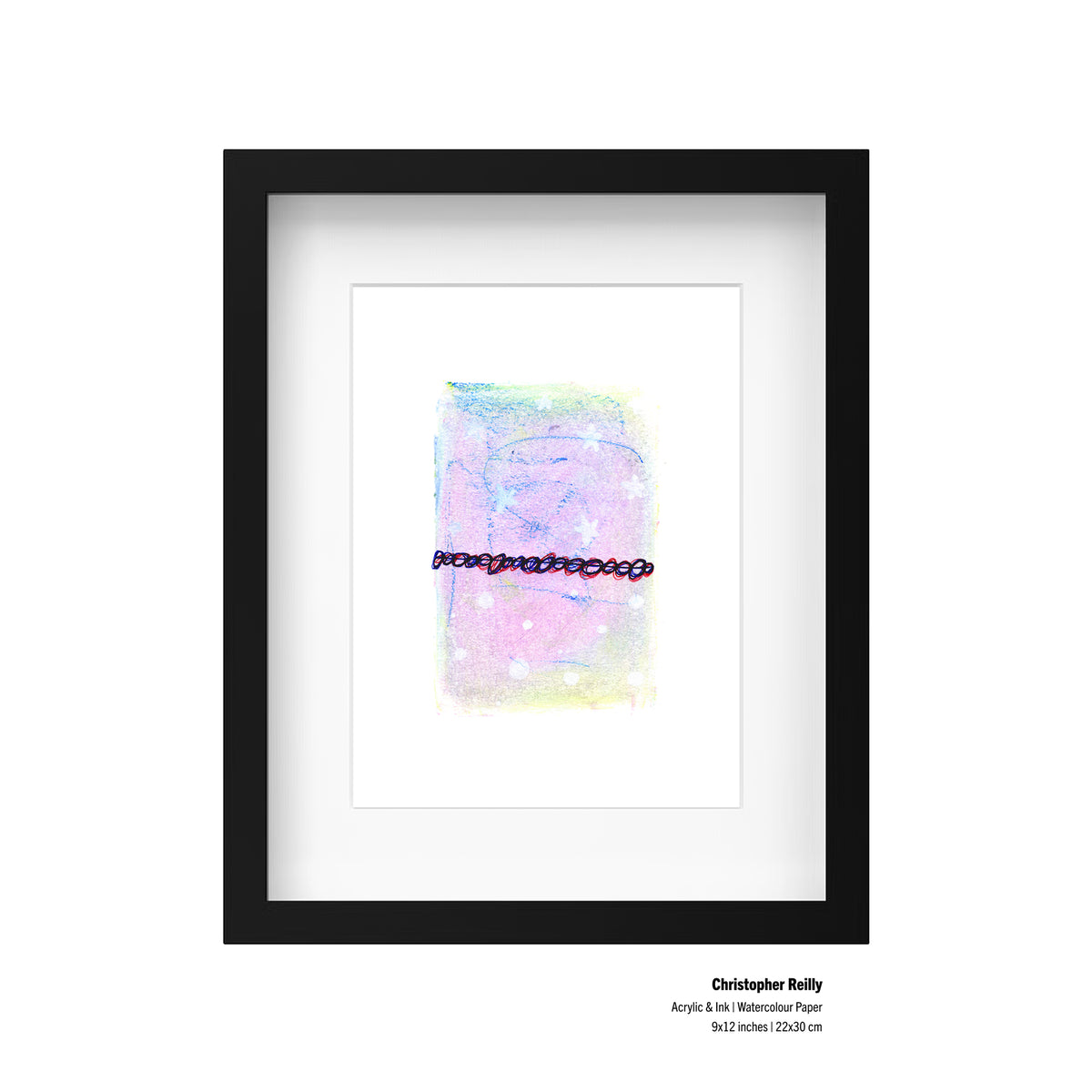 A framed presentation mockup of Painting 041 by Christopher Reilly, including small black text in the bottom right corner reading: Christopher Reilly, Acrylic & Ink | Watercolour Paper, 9x12 inches | 22x30 cm.