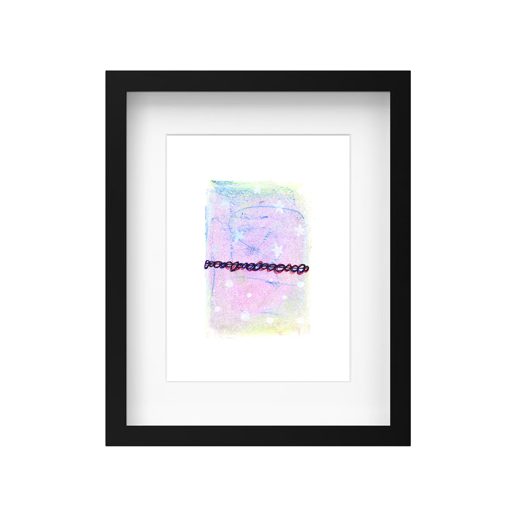A product mockup showing Christopher Reilly's original mixed-media painting, Painting 041, beautifully framed in a modern black wooden frame with a clean white mat board, highlighting the colorful pastel and ink abstract design.