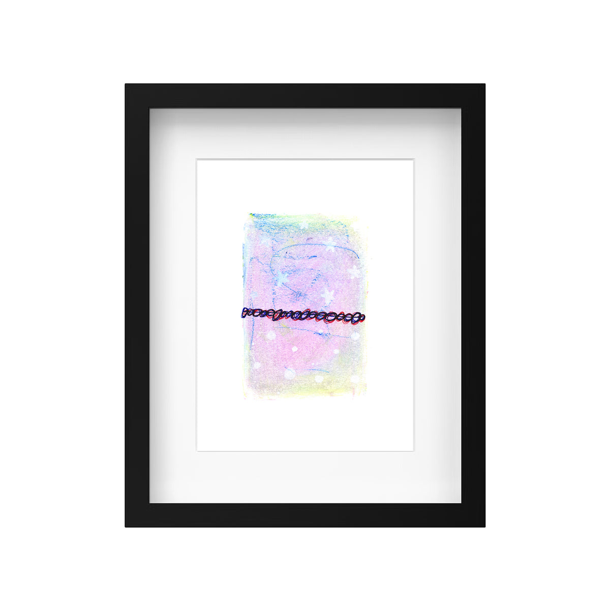 A product mockup showing Christopher Reilly's original mixed-media painting, Painting 041, beautifully framed in a modern black wooden frame with a clean white mat board, highlighting the colorful pastel and ink abstract design.