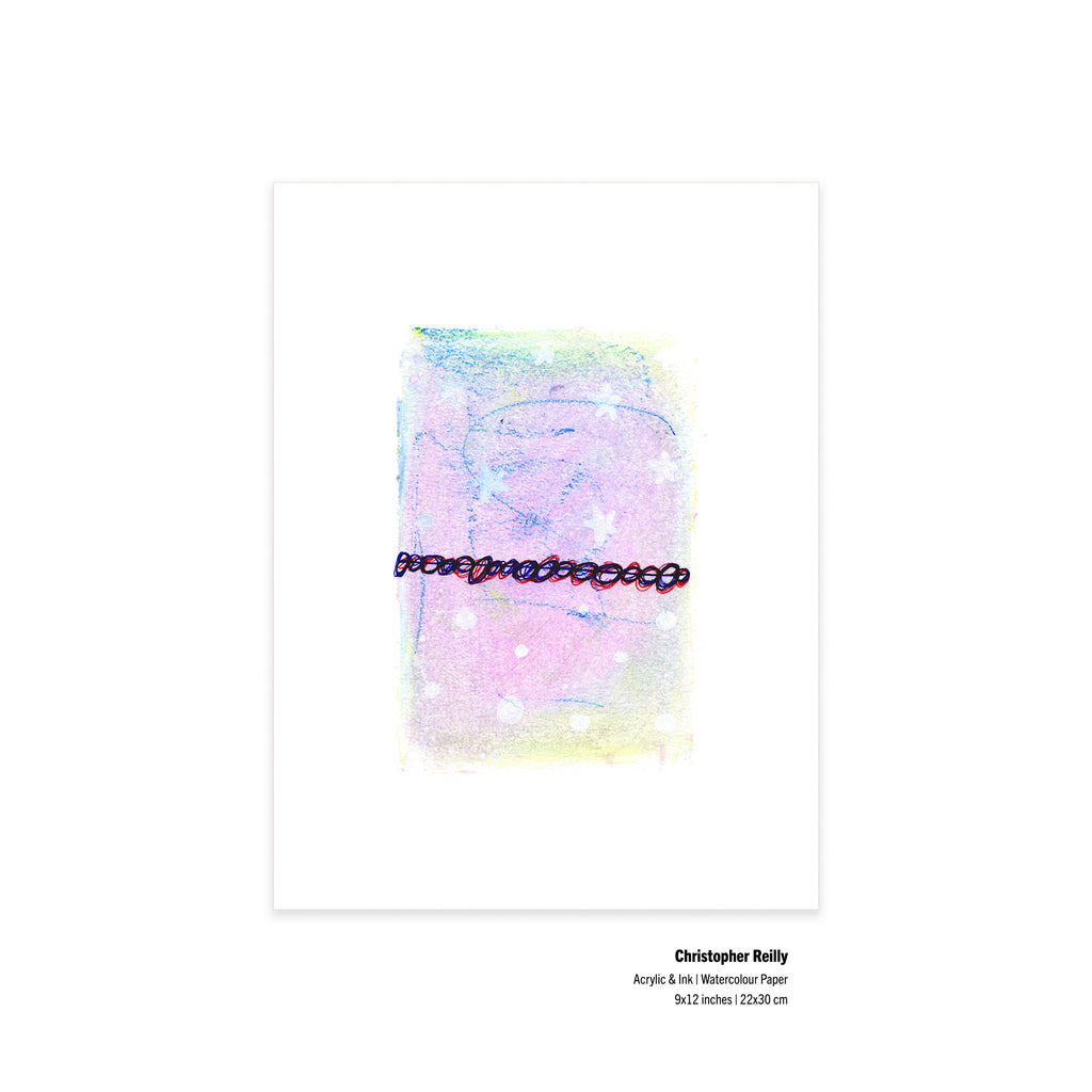 An unframed view of the original mixed media artwork Painting 041 by Canadian artist Christopher Reilly on paper, featuring typed specification labels at the bottom right corner noting the 9x12 inch dimensions and materials.