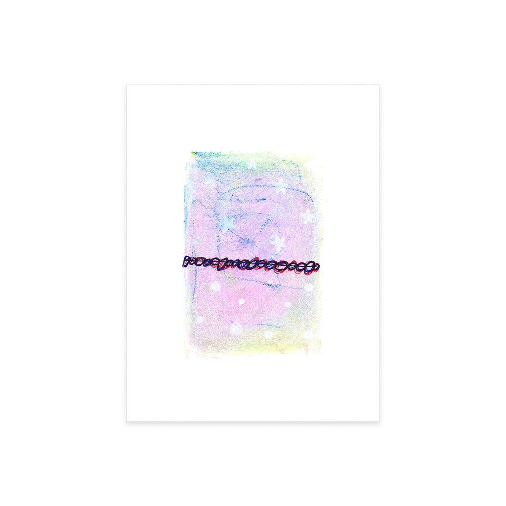 A high-resolution product shot of Painting 041 by Christopher Reilly on white watercolor paper, showcasing the contrast between the soft watercolor-textured pastel background and a bold, horizontal loop of scribbled black and red ink across the center.