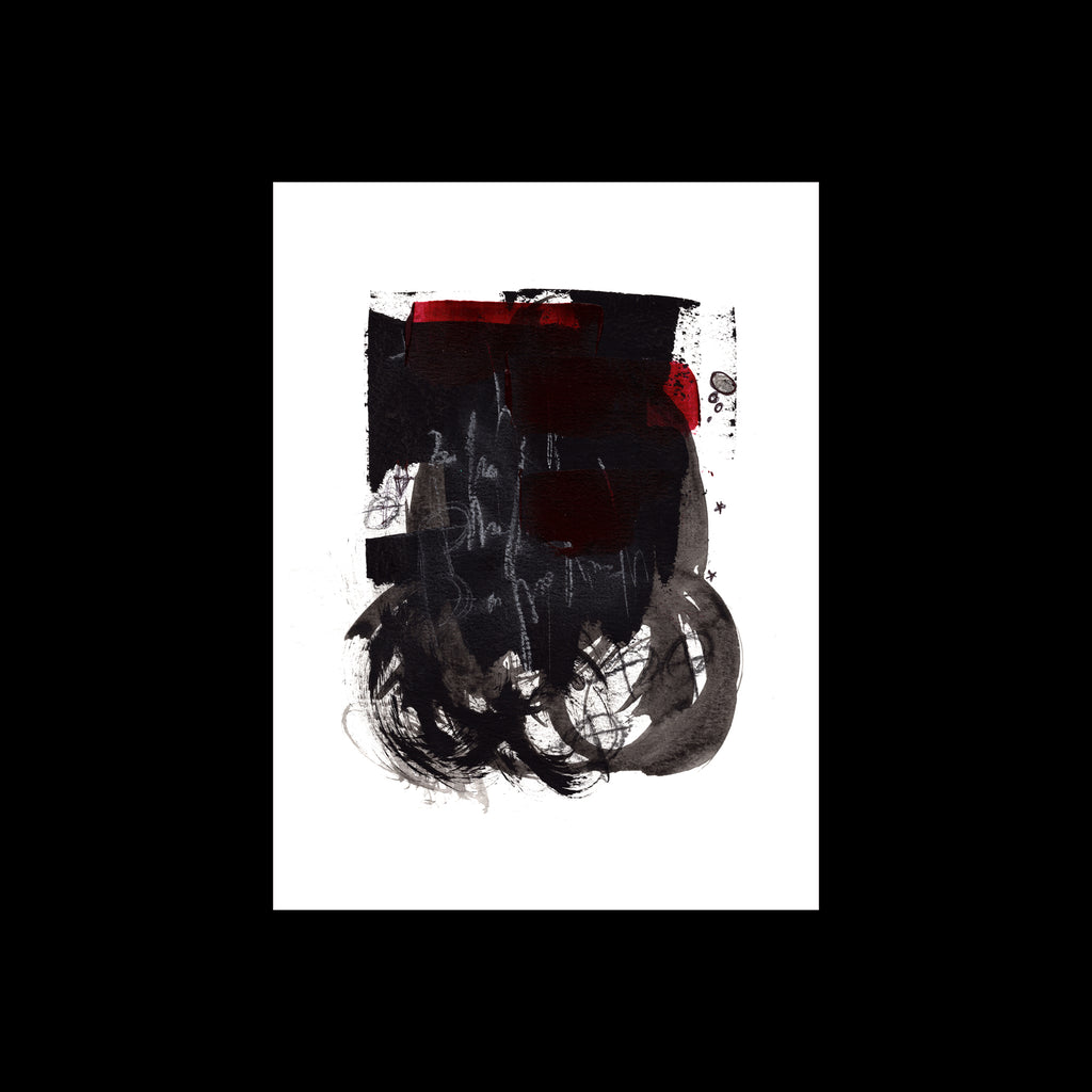 An original 9x12-inch abstract painting titled Painting 044 by Christopher Reilly, displaying a heavy, textured central block of black acrylic paint accented with fine white scratches and subtle crimson red highlights, centered on a crisp white sheet against a stark black backdrop.