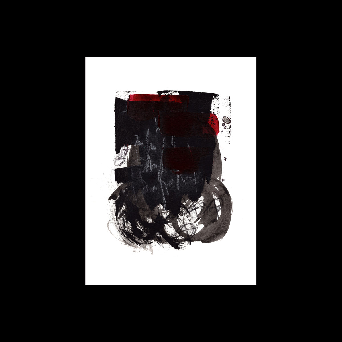 An original 9x12-inch abstract painting titled Painting 044 by Christopher Reilly, displaying a heavy, textured central block of black acrylic paint accented with fine white scratches and subtle crimson red highlights, centered on a crisp white sheet against a stark black backdrop.