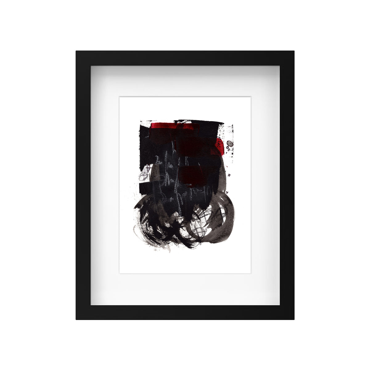 A product mockup showing Canadian artist Christopher Reilly's original mixed-media abstract artwork, Painting 044, professionally framed in a modern black wooden frame with a wide white mat board, highlighting the dense black and red composition.