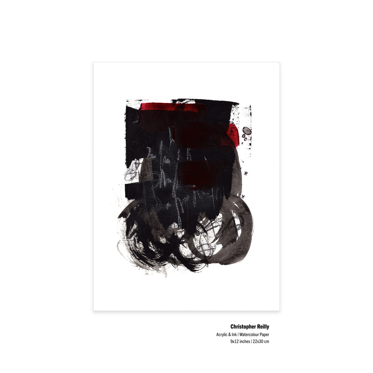 An unframed view of the original mixed media artwork Painting 044 by Canadian artist Christopher Reilly, featuring typed specification labels at the bottom right corner reading: Christopher Reilly, Acrylic & Ink | Watercolour Paper, 9x12 inches | 22x30 cm.