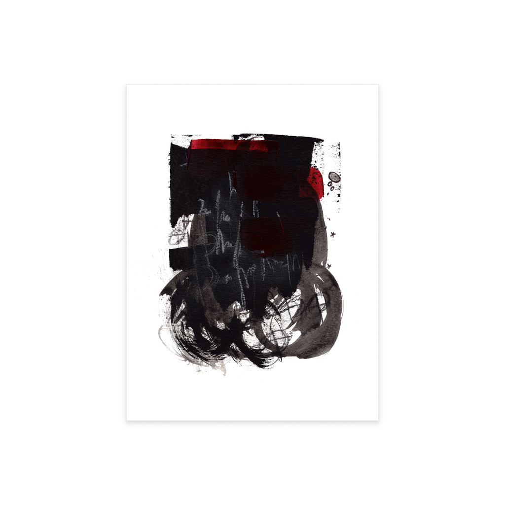 A high-resolution product shot of Painting 044 by infamous underground artist Christopher Reilly on white watercolor paper, highlighting the contrast between the solid black color-blocked center, the swirling ink lines below it, and the rich crimson red paint along the top margin.