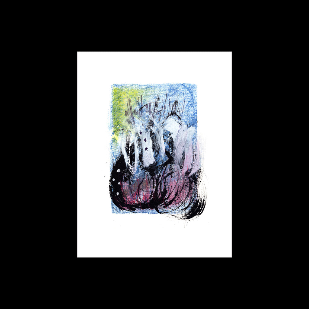 An original 9x12-inch contemporary abstract painting titled Painting 047 by Christopher Reilly, featuring a central cluster of black, pink, and white acrylic paint strokes accented by tiny black stars, set against a cross-hatched background of sky blue and yellow on a white paper margins with a black backdrop.