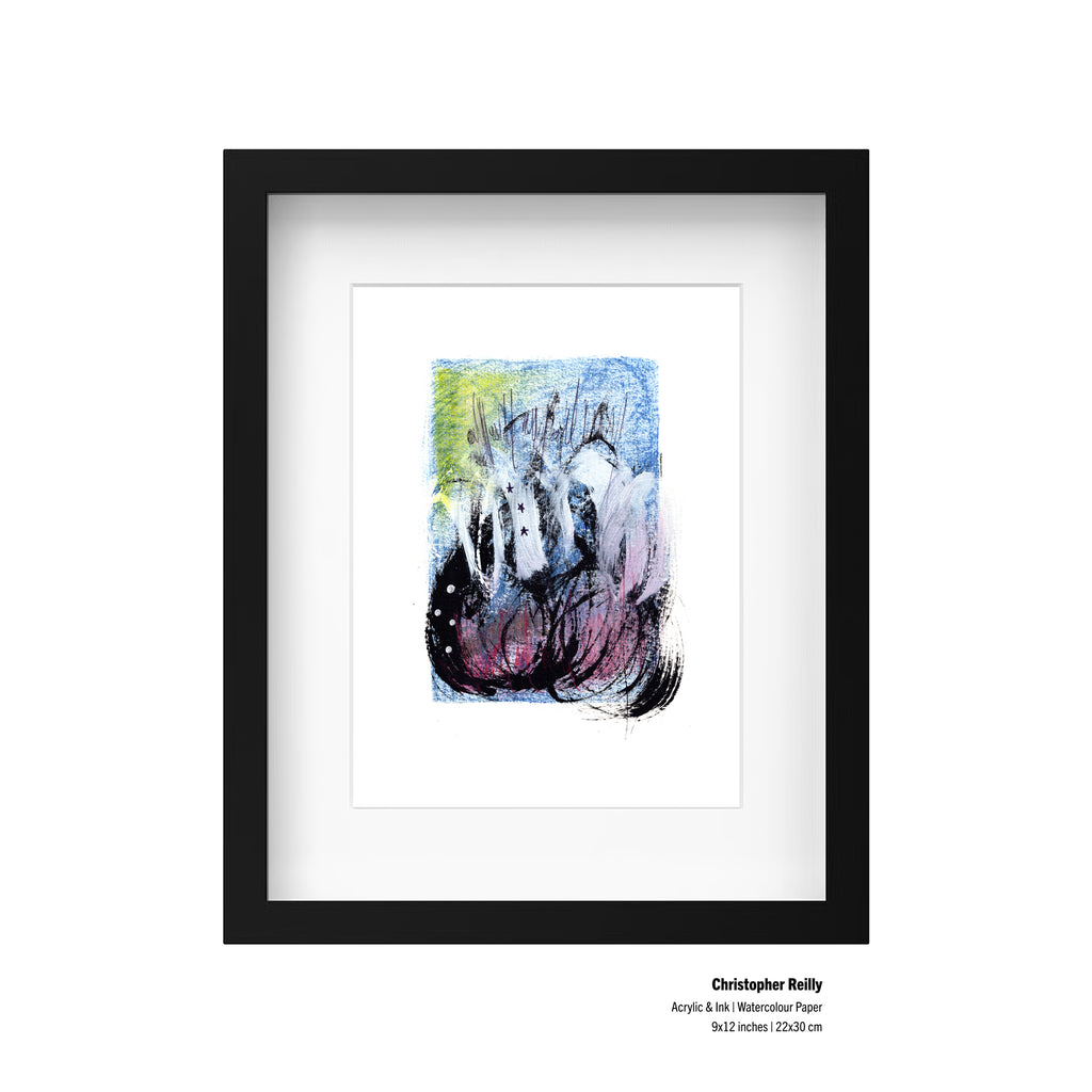 A framed presentation mockup of Painting 047 by Canadian artist Christopher Reilly, showcasing a typed text label in the bottom right corner reading: Christopher Reilly, Acrylic & Ink | Watercolour Paper, 9x12 inches | 22x30 cm.