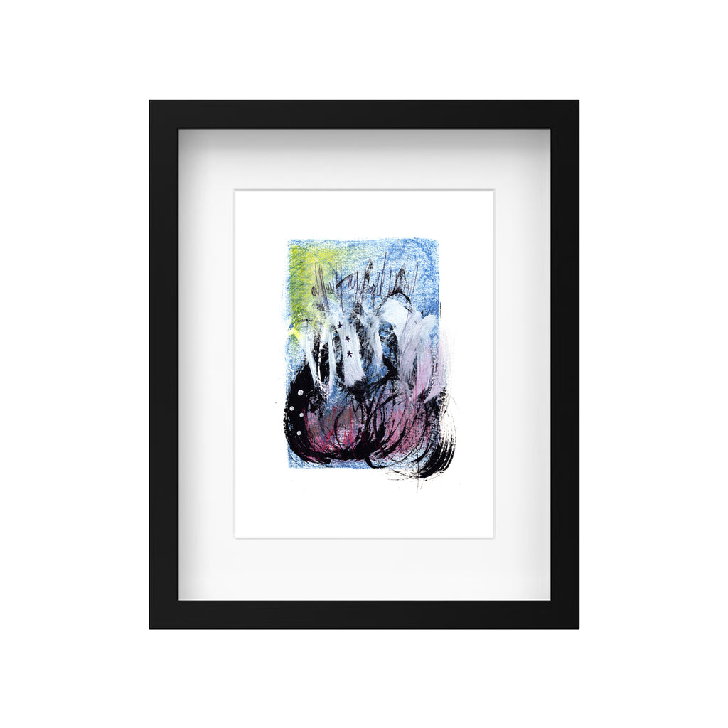 A product mockup showing Christopher Reilly's original mixed-media painting, Painting 047, styled in a sleek black wooden frame with a clean white mat board to accentuate the vibrant blue, pink, and green abstract composition.