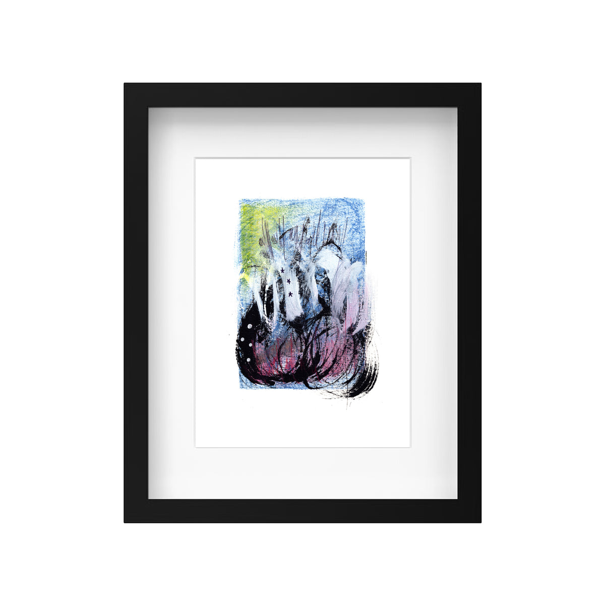 A product mockup showing Christopher Reilly's original mixed-media painting, Painting 047, styled in a sleek black wooden frame with a clean white mat board to accentuate the vibrant blue, pink, and green abstract composition.