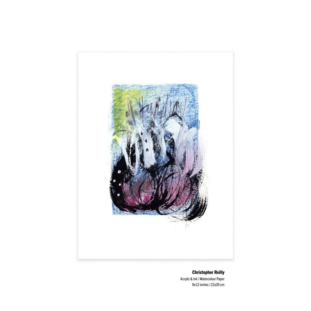 An unframed flat-lay view of the original artwork Painting 047 by infamous Canadian artist Christopher Reilly on paper, featuring small specification text labels at the bottom right corner denoting the 9x12 inch dimensions and materials.
