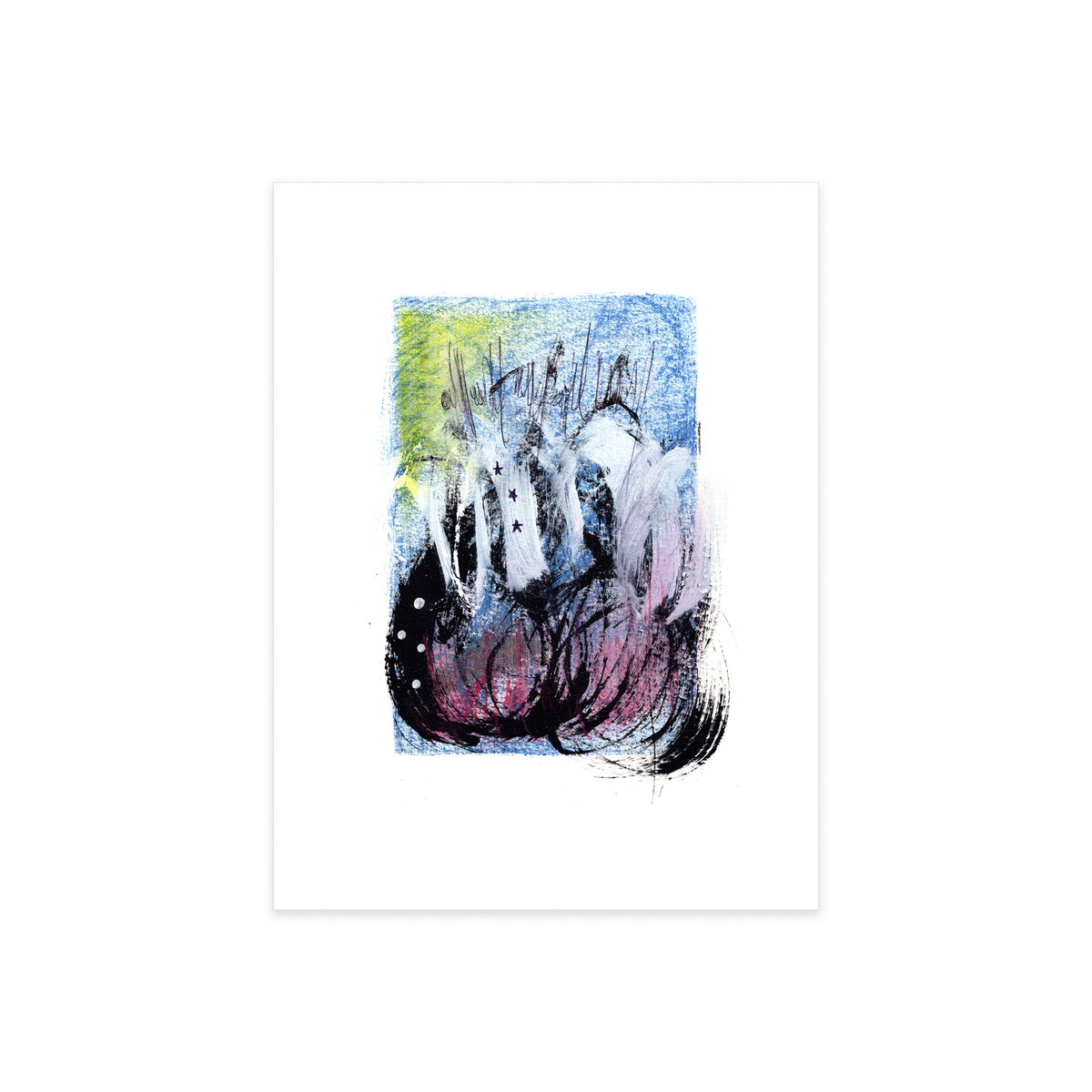 A high-resolution product shot of Painting 047 by Christopher Reilly on white watercolor paper, highlighting the fine sgraffito script line details, miniature white polka dots, and hand-painted star motifs embedded in the layered blue and pink paint.