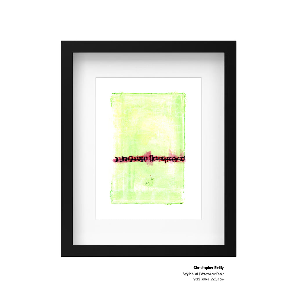 A framed presentation mockup of Painting 065 by Canadian artist Christopher Reilly, including an artist specification label in the bottom right corner reading: Christopher Reilly, Acrylic & Ink | Watercolour Paper, 9x12 inches | 22x30 cm.