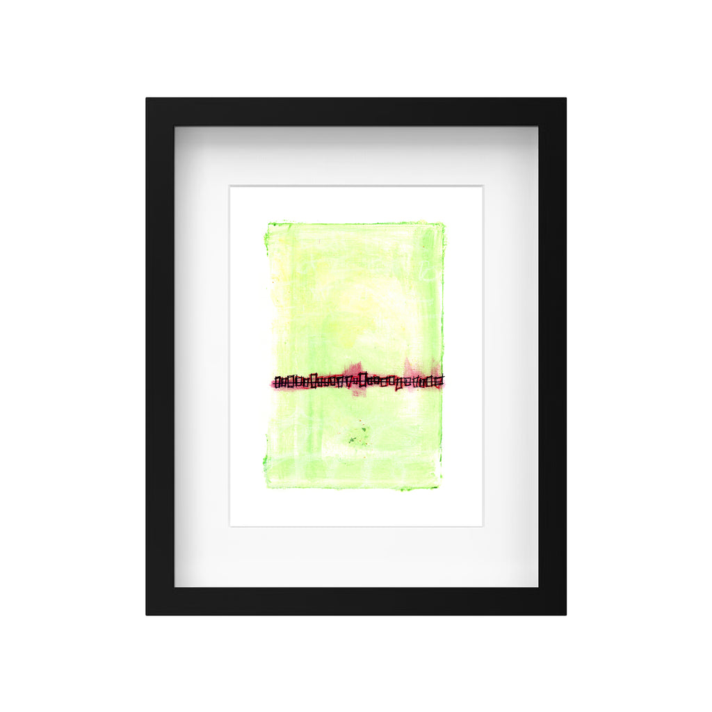 A product mockup showing Ontario artist Christopher Reilly's original mixed-media abstract artwork, Painting 065, styled inside a modern black frame with a crisp white mat board to accent the minimalist lime green and magenta composition.