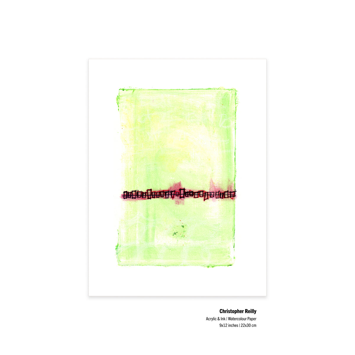 An abstract art print by Christopher Rully featuring a textured light green watercolor rectangle with a horizontal dark red brushstroke across the center, displayed on a clean white background with artist text below.
