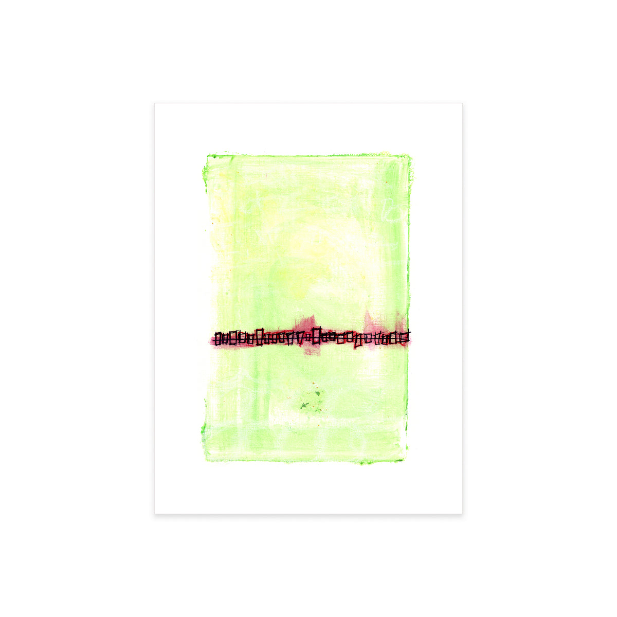 A high-resolution product shot of Painting 065 by Canadian artist Christopher Reilly on white watercolor paper, highlighting the fine, boxy black ink horizon line and the delicate bleeding details of the magenta pink paint beneath it.