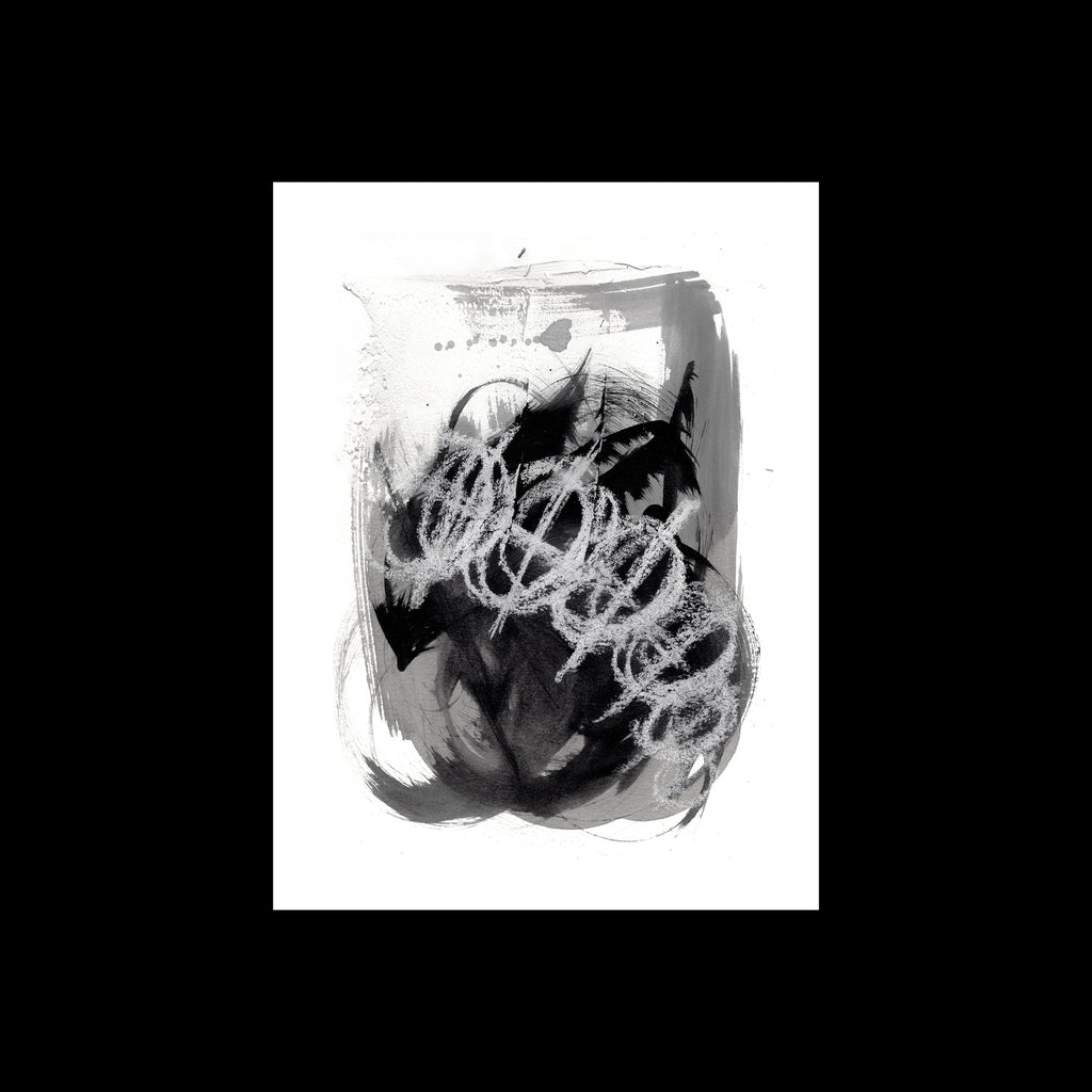 An original 9x12-inch contemporary abstract painting titled Painting 071 by Infamous Canadian artist Christopher Reilly, showcasing a textured plaster base with dark black and gray acrylic washes, overlaid with a prominent, messy horizontal coil of white pastel lines on a white paper margin with a black backdrop.