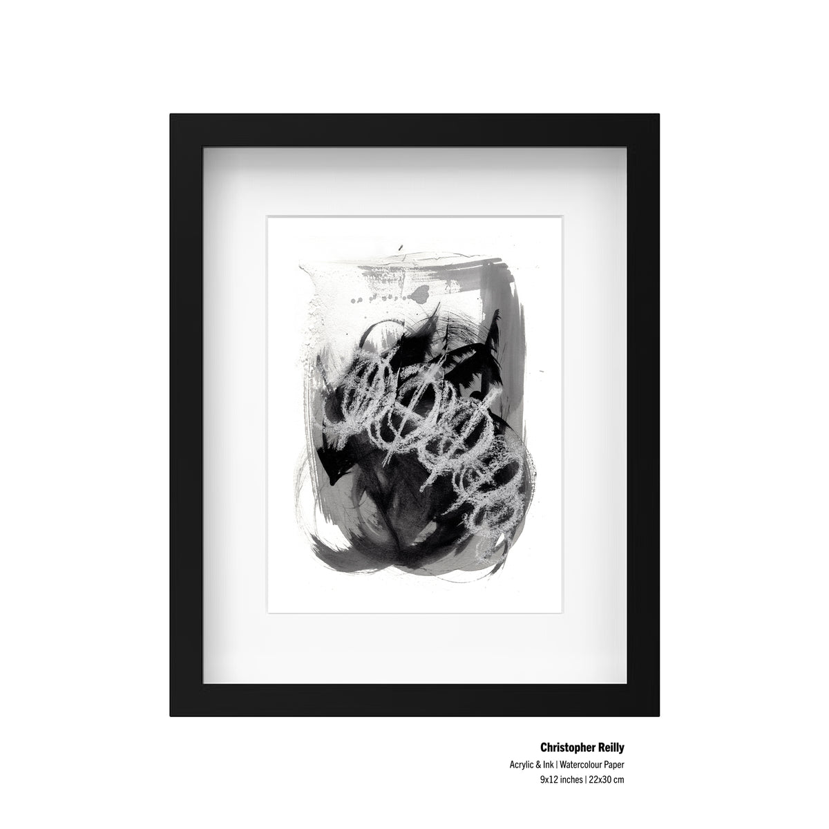 A framed presentation mockup of Painting 071 by Christopher Reilly, including an artist specification label in the bottom right corner reading: Christopher Reilly, Acrylic & Ink | Watercolour Paper, 9x12 inches | 22x30 cm.