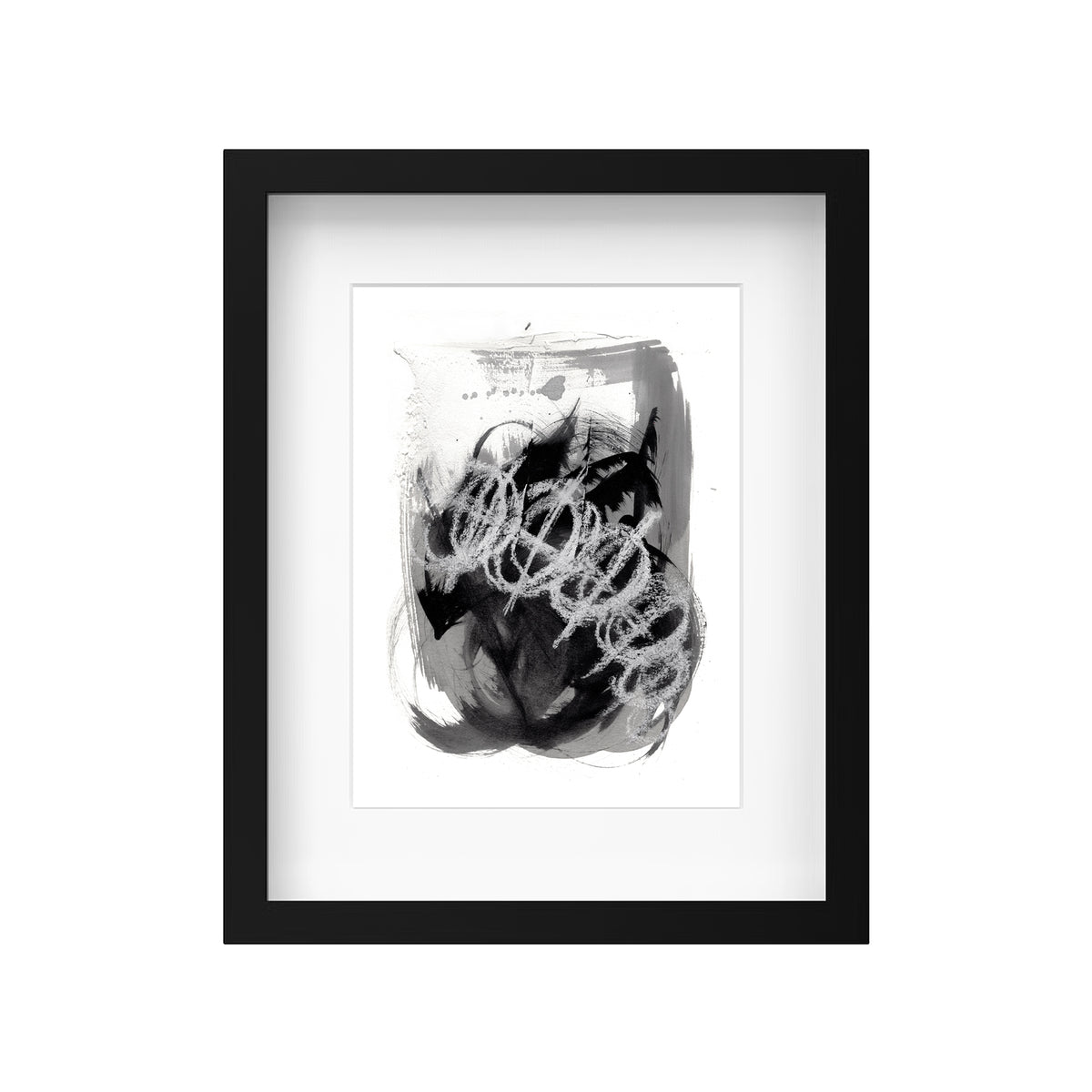 A product mockup showing Canadian artist Christopher Reilly's original textured abstract artwork, Painting 071, beautifully displayed inside a modern black frame with a clean white mat board to highlight the high-contrast black and white composition.