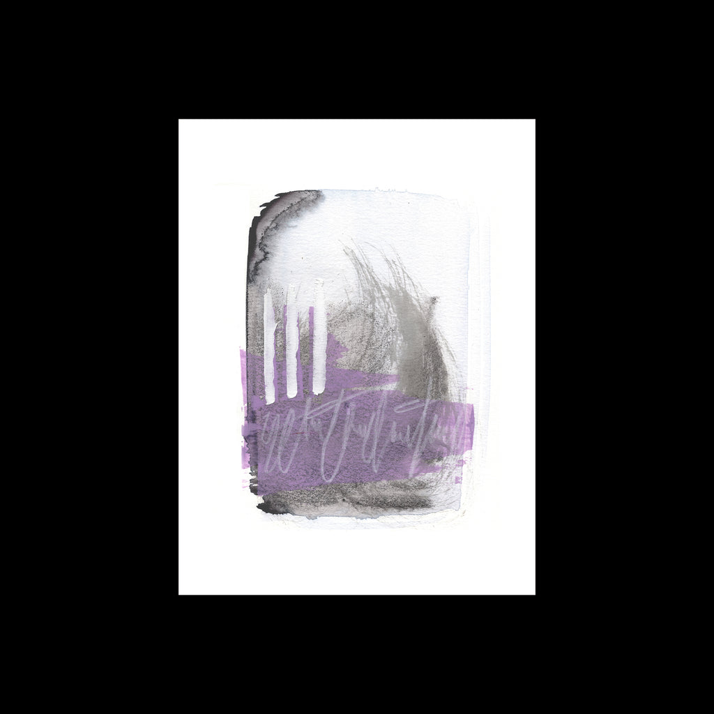 An original 9x12-inch contemporary abstract painting titled Painting 079 by underground Canadian artist Christopher Reilly, showcasing a soft sweeping charcoal gray ink wash layered with three white vertical bars and a horizontal dusty-purple paint block with fine white scribbled lines, centered on white paper over a black background.