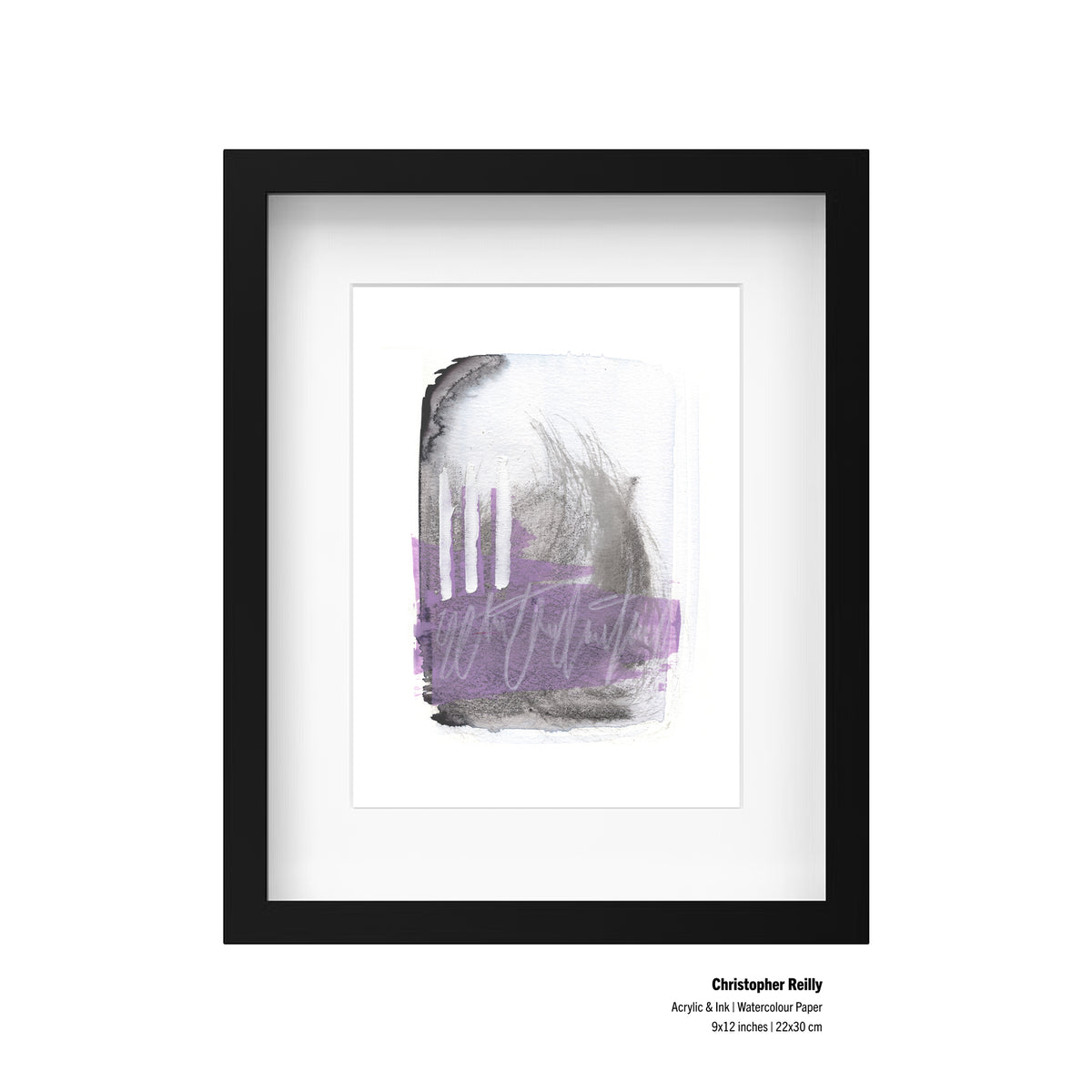 Framed abstract watercolor painting featuring a purple and gray brushstroke composition on white paper, presented in a black frame against a white background with product text below.