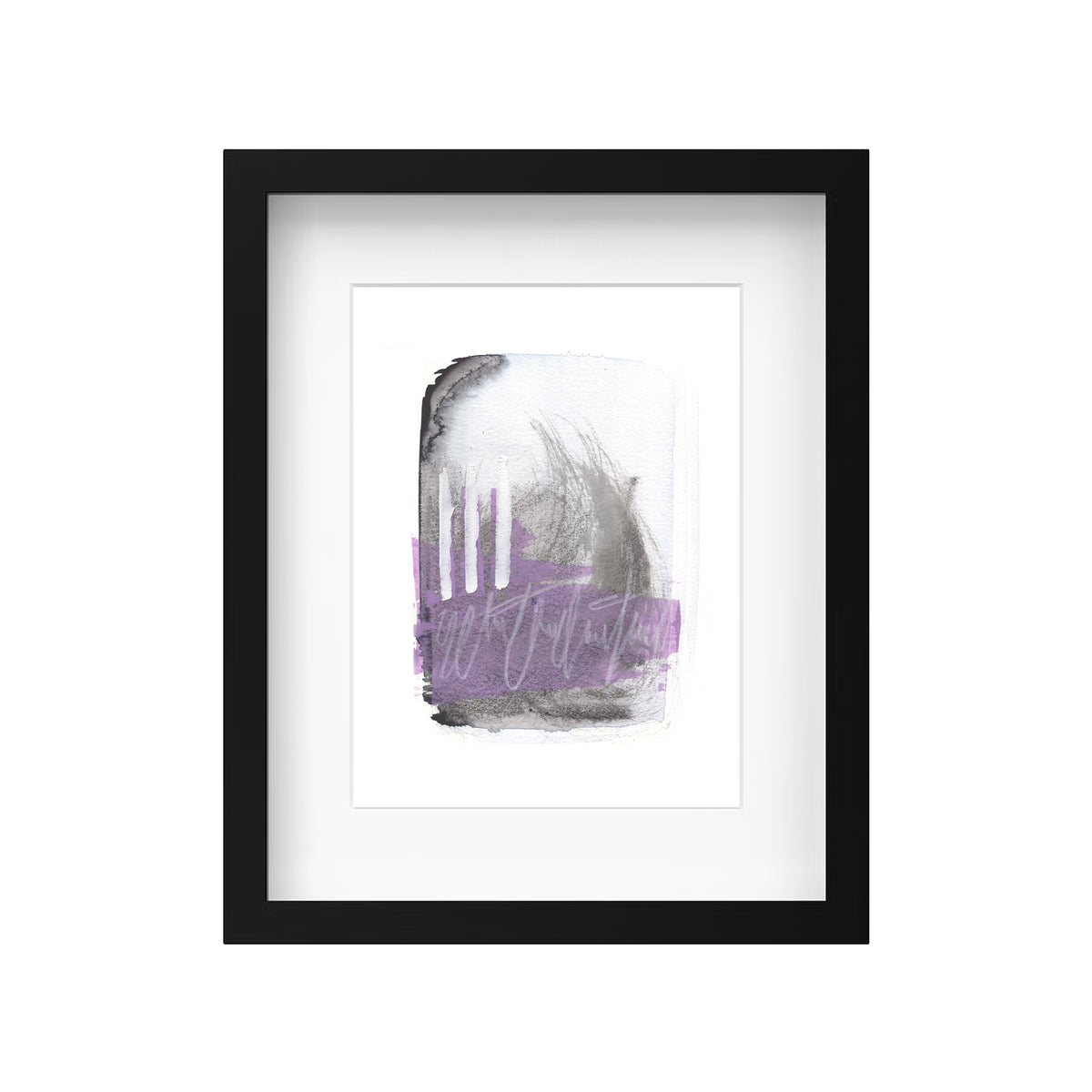 A framed original abstract painting featuring textured watercolor brushstrokes in purple, gray, and white, presented in a black frame with a white mat against a solid white background.