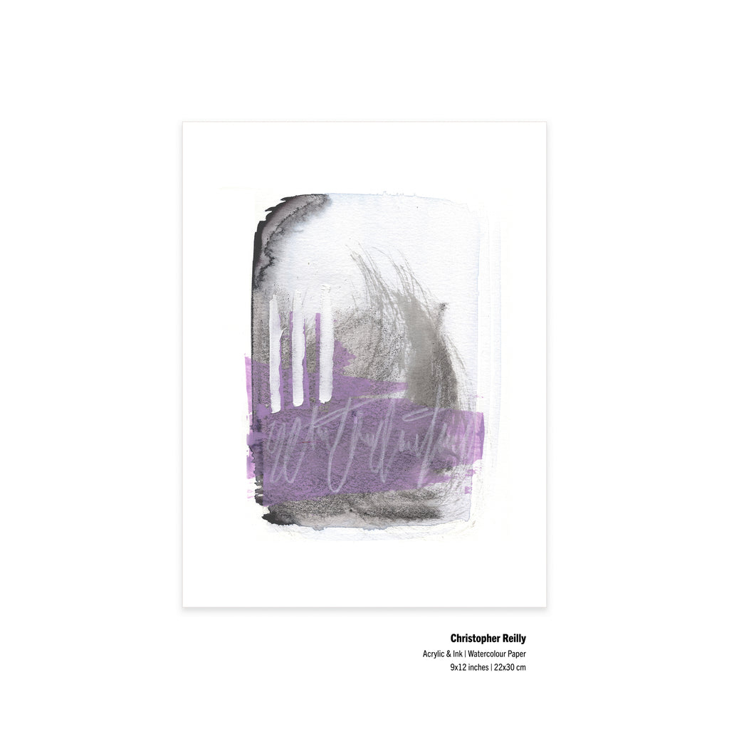 An unframed flat-lay view of the original artwork Painting 079 by prolific Canadian artist Christopher Reilly on paper, featuring typed specification labels at the bottom right corner detailing the dimensions and materials.