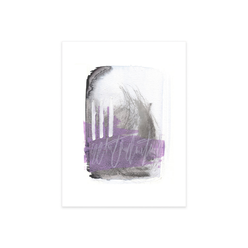An original abstract painting featuring a textured watercolor design in purple, gray, and white, styled as a vertical rectangular card centered on a clean white background.