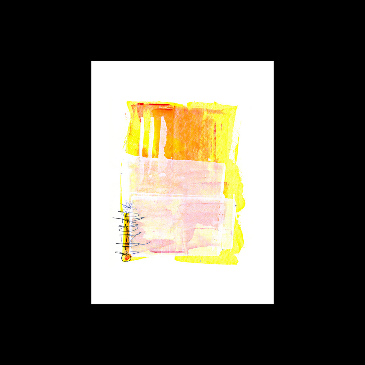 An abstract watercolor painting print featuring yellow, orange, and soft pink brushstrokes with a small blue spiral detail, centered on a white rectangular canvas against a solid black background.