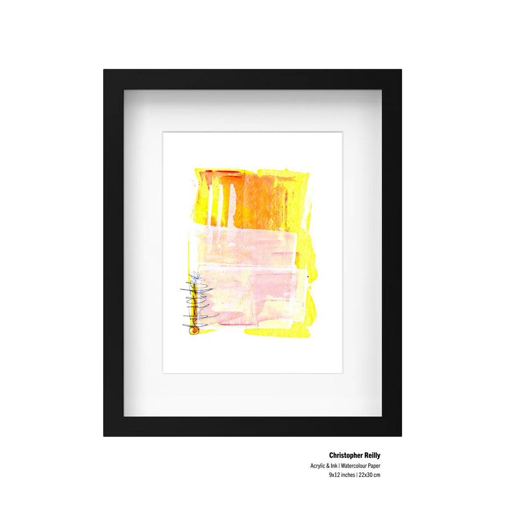 Framed abstract watercolor painting featuring yellow, orange, and pink brushstrokes on white paper, presented in a black frame against a white background with artist text below.