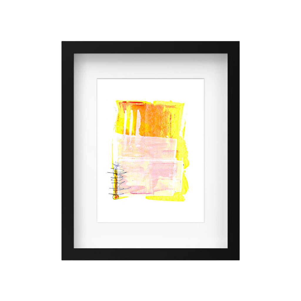A product mockup showing Canadian artist Christopher Reilly's original mixed-media abstract artwork, Painting 081, styled inside a modern black frame with a crisp white mat board to highlight the warm yellow, orange, and pink composition.
