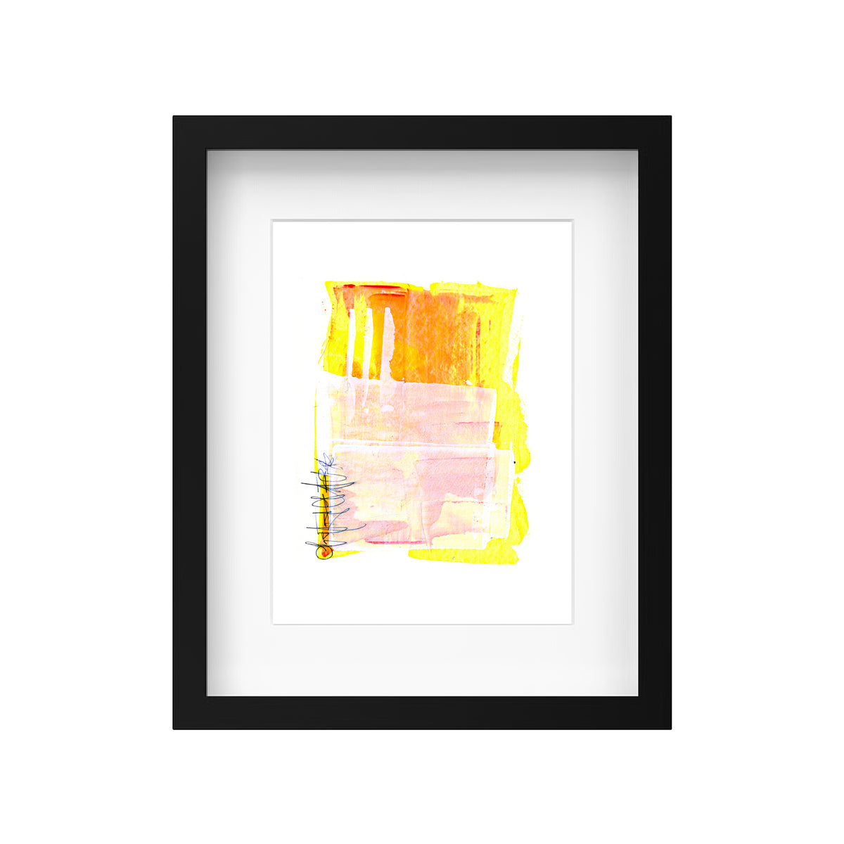 A product mockup showing Canadian artist Christopher Reilly's original mixed-media abstract artwork, Painting 081, styled inside a modern black frame with a crisp white mat board to highlight the warm yellow, orange, and pink composition.