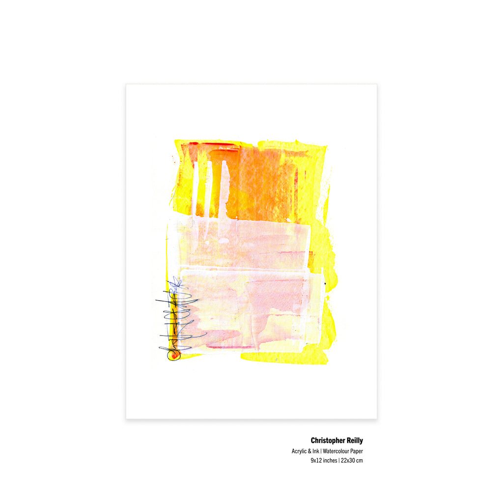 An original abstract watercolor and acrylic painting by Ontario artist Christopher Reilly, featuring yellow, orange, and pink watercolor washes with a small blue line detail, displayed on a clean white background with artist text below.
