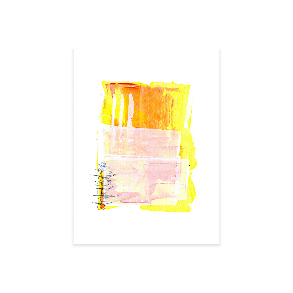 A high-resolution product shot of Painting 081 by infamous street artist Christopher Reilly on white watercolor paper, highlighting the fine texture of the layered yellow acrylic background, the pink color blocks, and the fluid black ink loop detail on the lower edge.