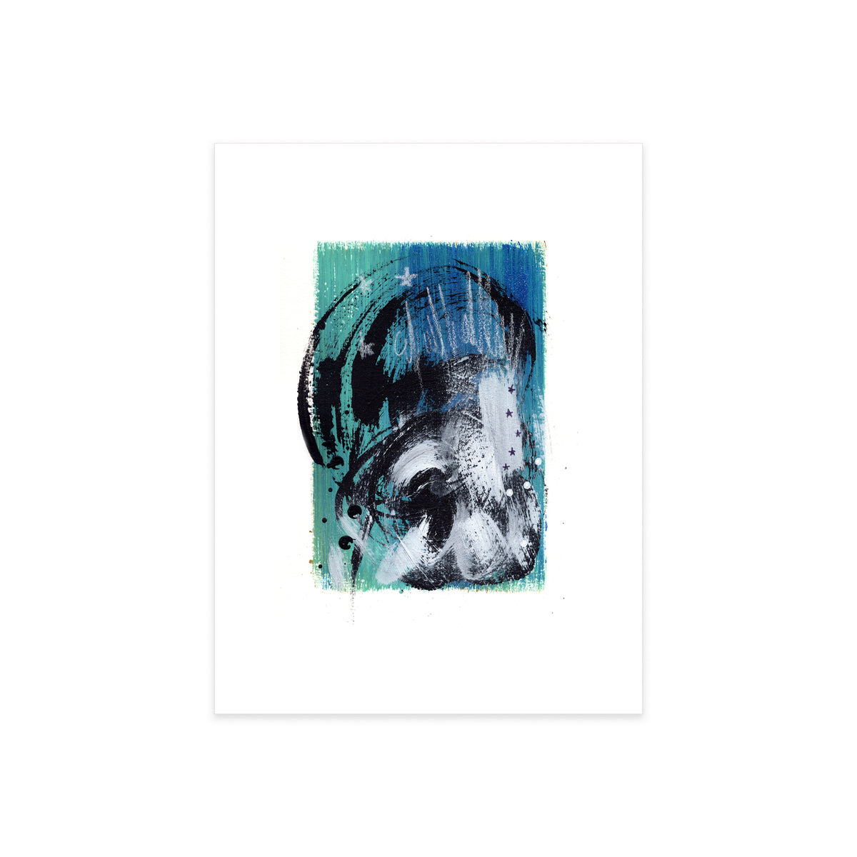A high-resolution product shot of Painting 093 by St. Catharines Ontario artist Christopher Reilly on white watercolor paper, highlighting the fine texture of the blue-green acrylic brushstrokes and the stark contrast of the white star motifs embedded in the black paint center.