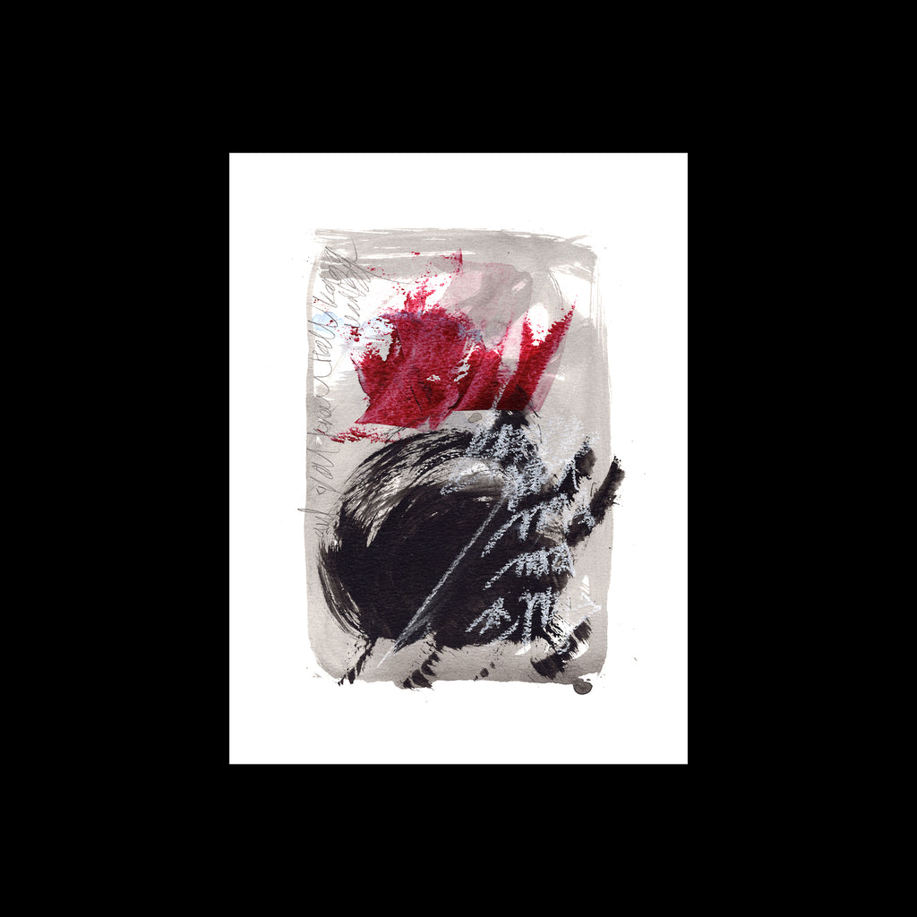 An original 9x12-inch abstract mixed-media painting titled Painting 149 by Christopher Reilly, showcasing a smoky gray background wash layered with an explosive textured block of crimson red paint and a heavy circular swirl of black ink detailed with white script lines down the left margin, set on a white paper sheet over a black backdrop.