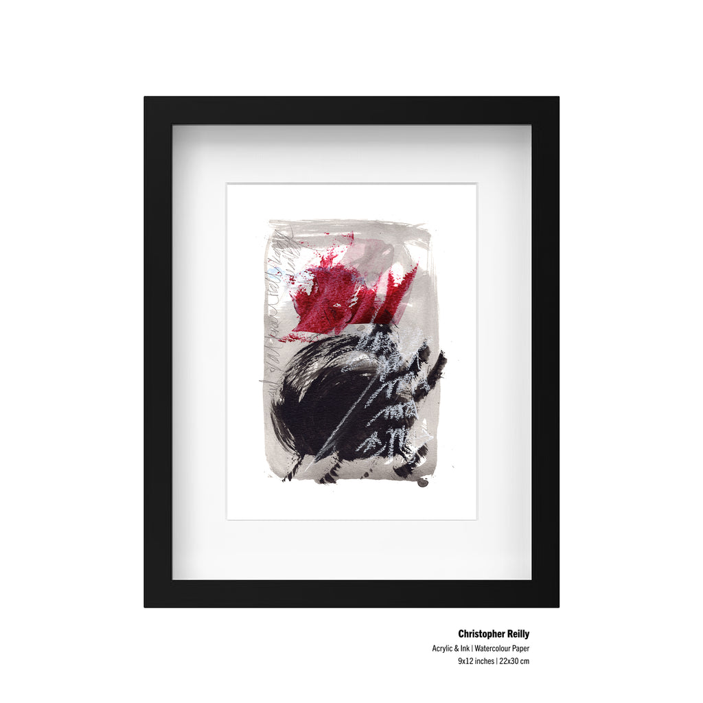 A framed presentation mockup of Painting 149 by Christopher Reilly, highlighting a neat artist specification label in the bottom right corner reading: Christopher Reilly, Acrylic & Ink | Watercolour Paper, 9x12 inches | 22x30 cm.