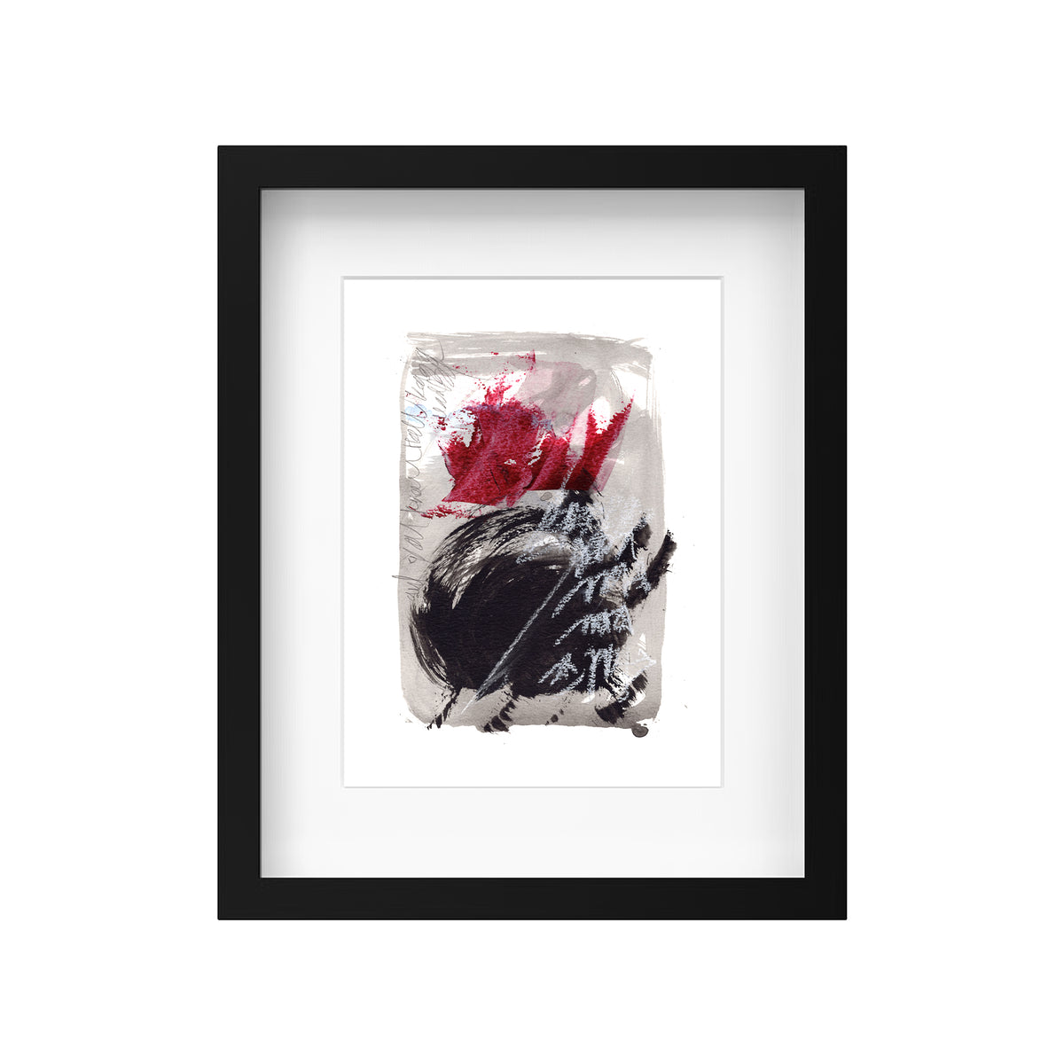 A product mockup showing Christopher Reilly's original mixed-media abstract artwork, Painting 149, beautifully displayed inside a modern black frame with a clean white mat board to highlight the high-contrast red, black, and gray composition.
